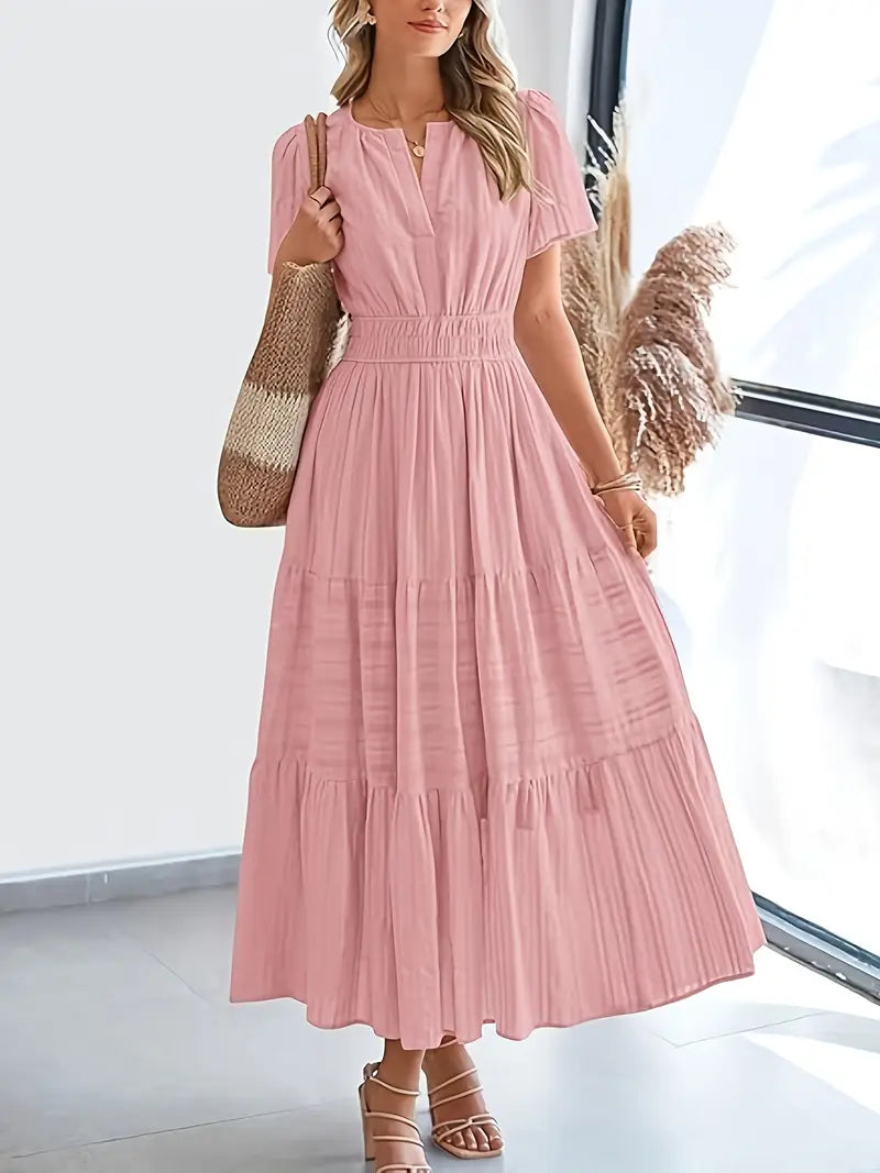 Vestido longo para mulher com manga curta, decote em V e cintura elástica