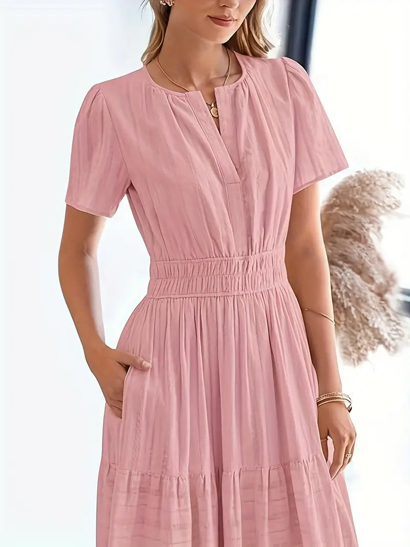 Vestido longo para mulher com manga curta, decote em V e cintura elástica
