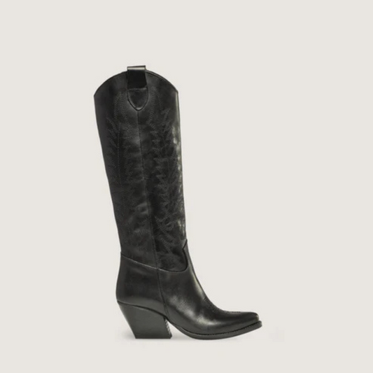 Bota Alta com Bordados Decorativos e Salto Angular para um Look Clássico