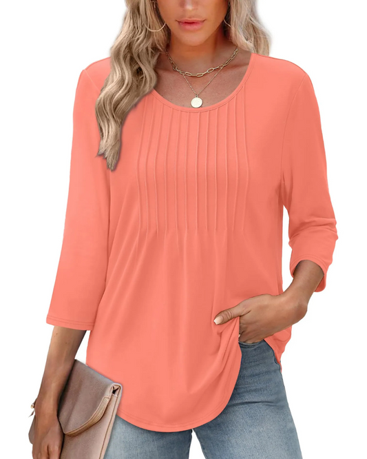 Blusa Túnica Plissada Casual para Mulher com Gola Redonda e Mangas 3/4
