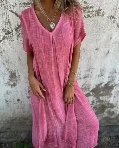 Vestido Midi com Decote em V em Linho para um Look Fresco e Elegante
