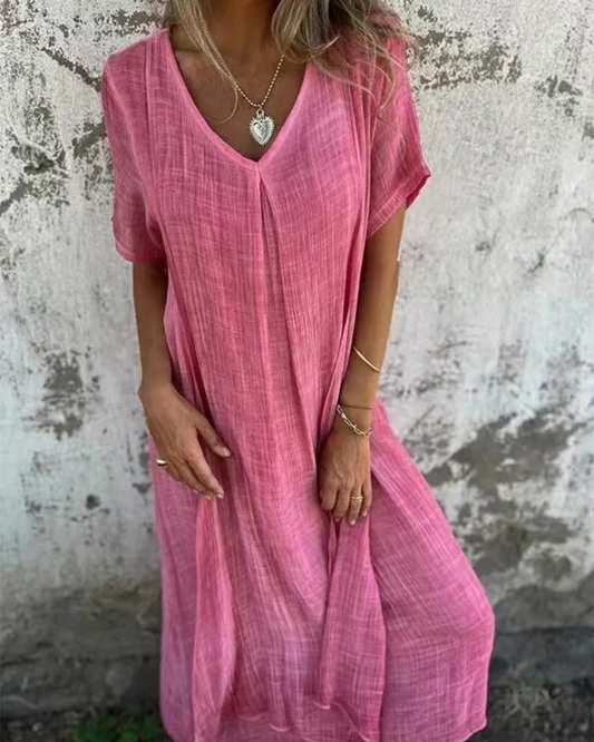 Vestido Midi com Decote em V em Linho para um Look Fresco e Elegante