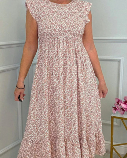 Vestido com estampado floral, cintura alta e mangas curtas para mulher
