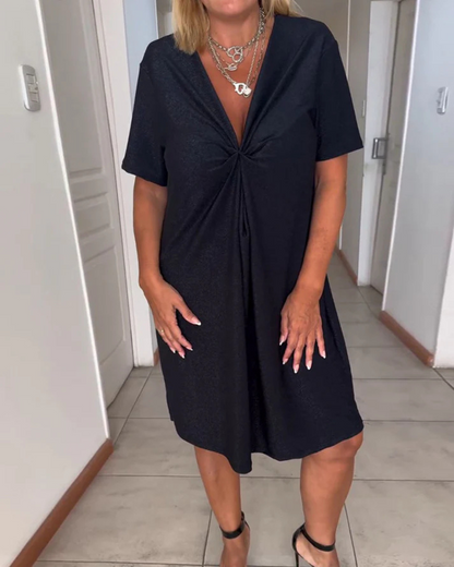 Vestido de Manga Curta com Folhos no Peito para Mulher