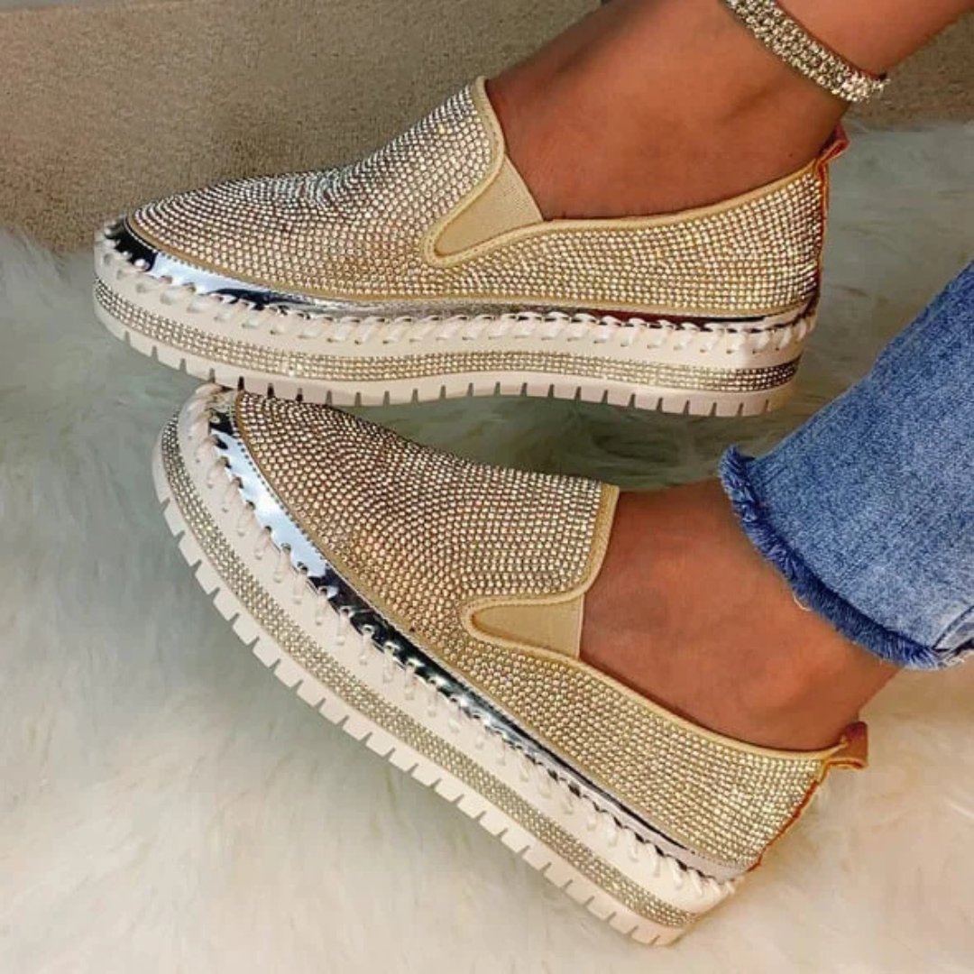 Sapatos slip-on respiráveis para mulher com plataforma e strass
