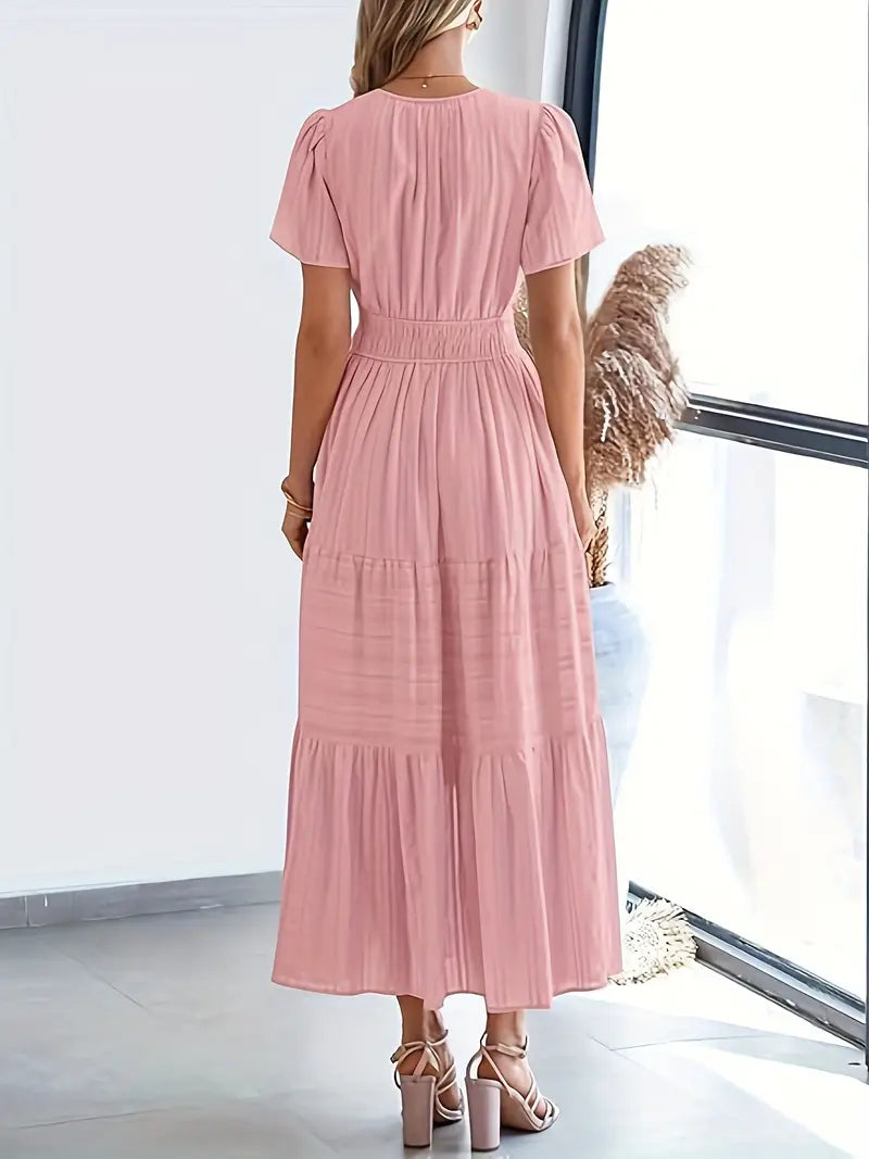 Vestido longo para mulher com manga curta, decote em V e cintura elástica