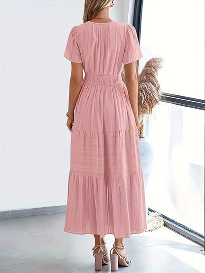 Vestido longo para mulher com manga curta, decote em V e cintura elástica
